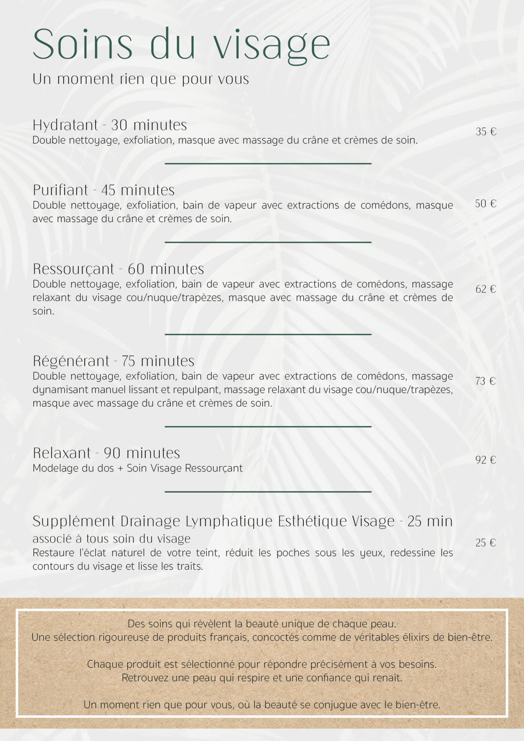 Soins du visage - Un moment rien que pour vous Carte des soins du visage
